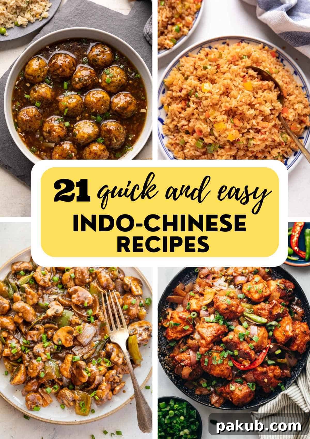 A vibrant collage showcasing various Indo-Chinese dishes like noodles, Manchurian, fried rice, and stir-fries, with an overlay emphasizing 'Easy Indo-Chinese Recipes.'