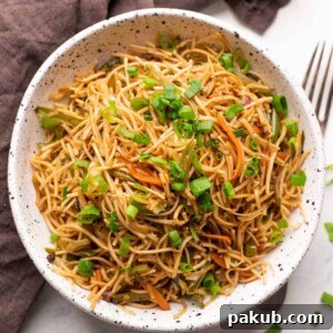 Perfectly stir-fried Vegetable Hakka Noodles served in a white speckled bowl, inviting you to dig in.