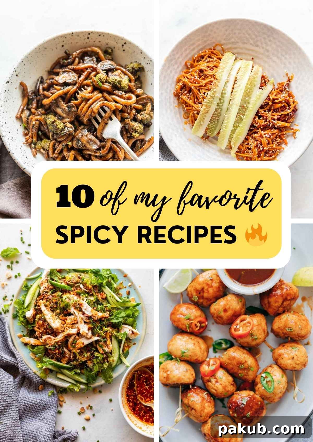 A vibrant collage showcasing four different intensely spicy recipes: Korean noodles, a chicken salad, an Indian curry, and fish curry. Perfect for chili enthusiasts.