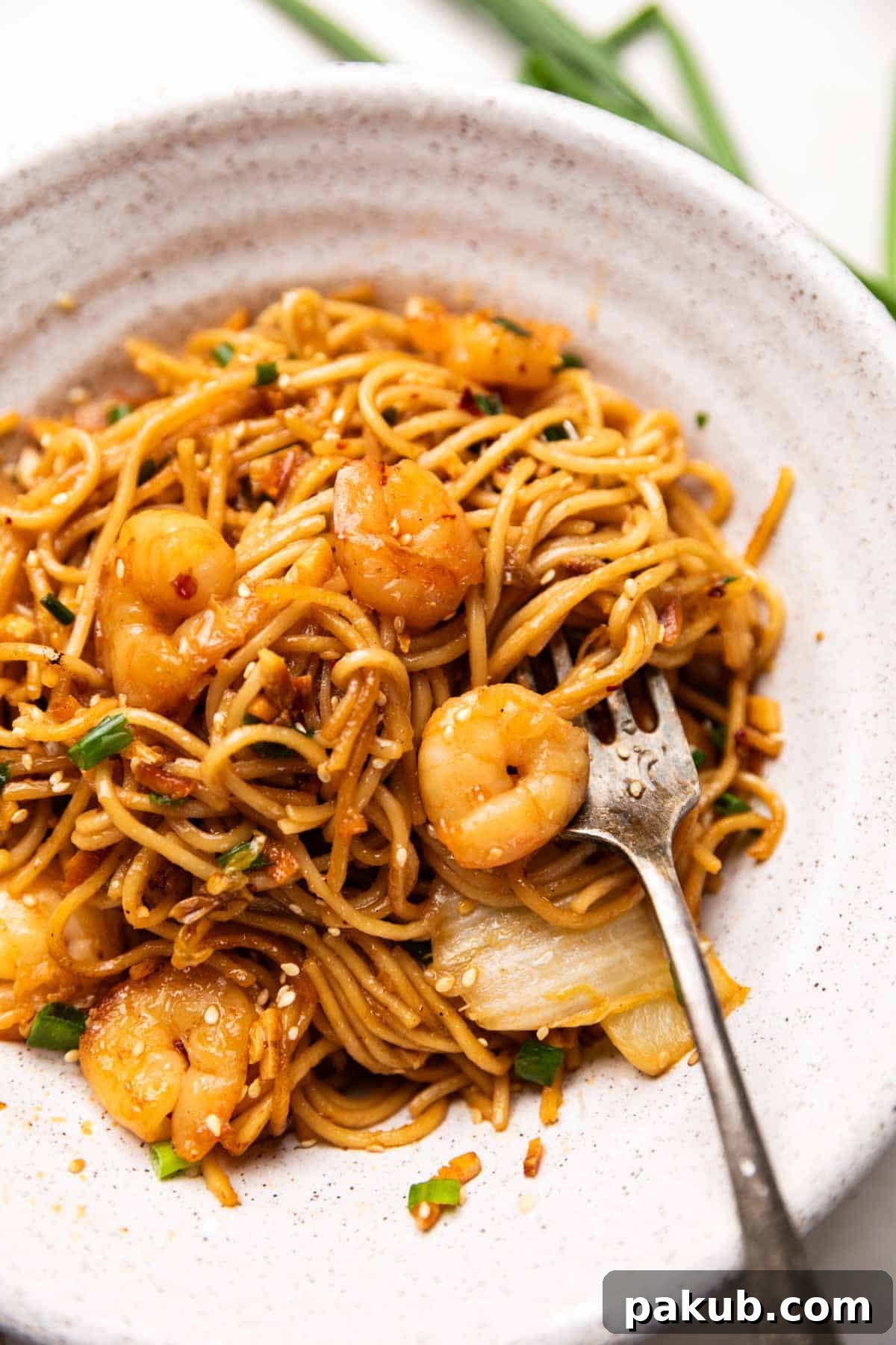 Spicy Garlic Prawn Noodle Stir-fry 2 A vibrant bowl of chilli garlic prawn noodles, featuring perfectly cooked prawns, glossy noodles, and green spring onions, ready to be enjoyed with a fork.
