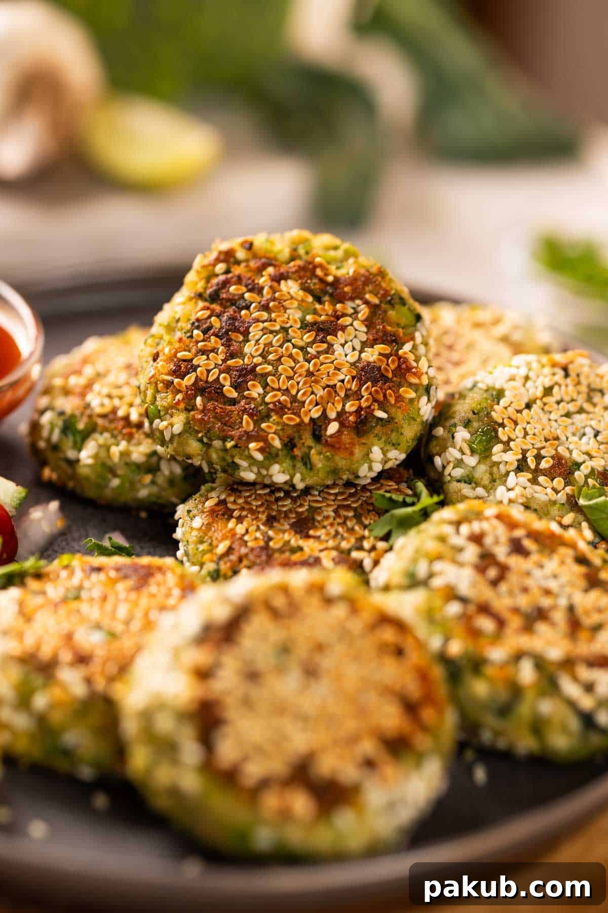Delicious and healthy broccoli corn tikkis served with a side of ketchup, ready to be enjoyed as a wholesome snack or meal.