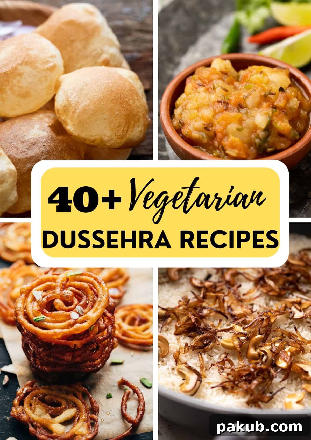 A collage of four vibrant Dussehra recipes, showcasing a festive Indian meal spread with a text overlay highlighting the celebration.