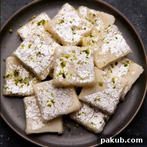 Delicious Coconut Barfi, neatly cut and arranged on a modern grey plate, highlighting its pristine white texture.