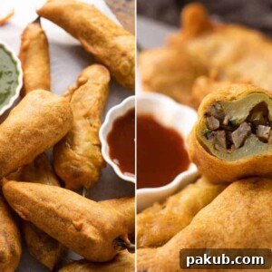A vibrant collage illustrating two distinct Mirchi Bajji stuffings—potato (aloo) and onion-coriander—presented side by side for comparison.