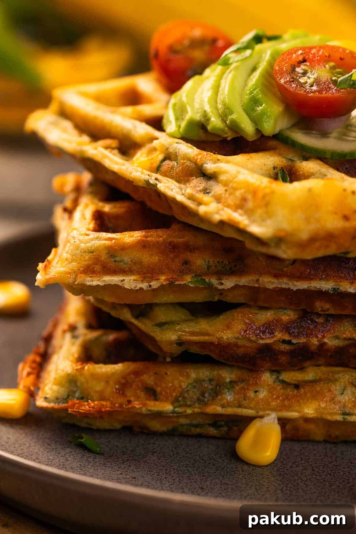 Green and Golden Waffles 2 Golden brown crispy spinach corn waffles served on a plate with fresh toppings.