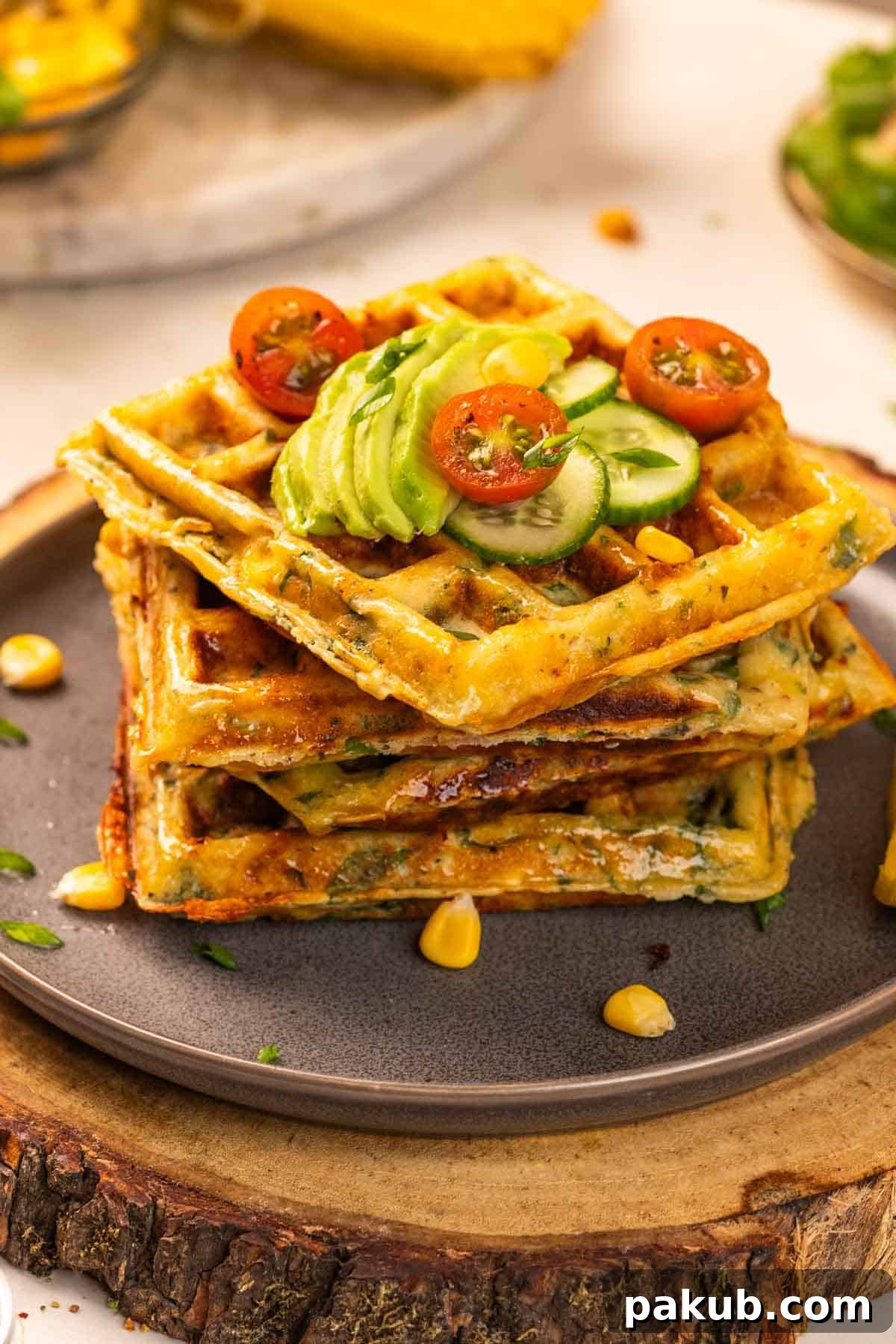 Green and Golden Waffles 3 Close-up of crispy spinach corn waffles stacked, ready to be served.