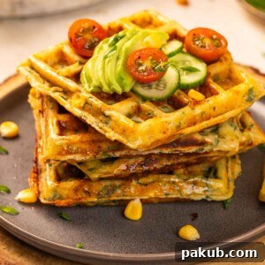 Stacked spinach corn waffles with toppings