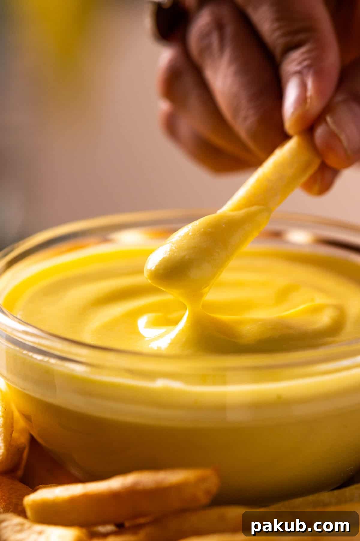 Egg Mayonnaise 4 Person dipping french fry into a bowl of creamy boiled egg mayonnaise