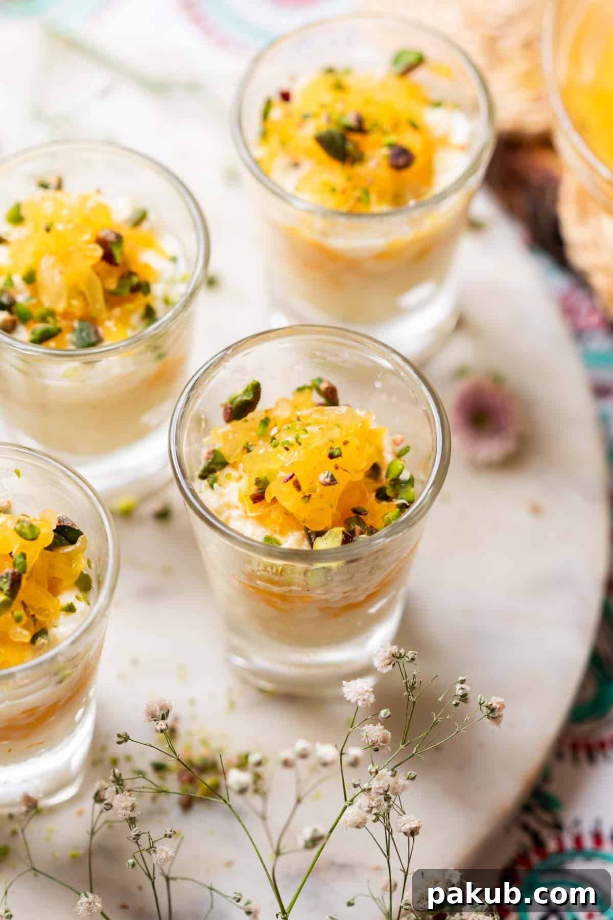 Vibrant Orange Kalakand 2 Orange kalakand served in elegant shot glasses, topped with fresh orange segments and chopped pistachios.