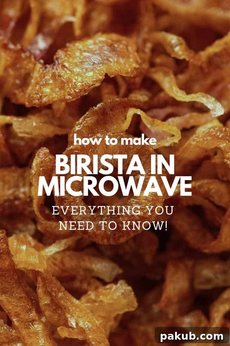 close up of golden-brown birista made in microwave with text overlay
