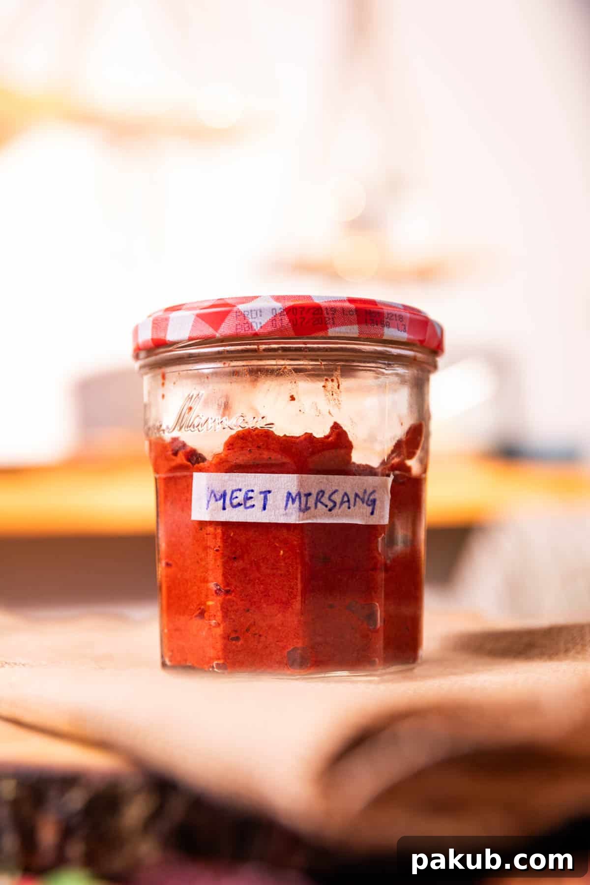 A labeled glass jar showcasing the vibrant 'Meet Mirsang' marinade, the heart of Mangalorean Fish Fry.