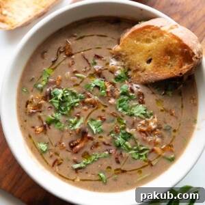 Thick & wholesome horse gram soup garnished with birista and coriander, served with bread