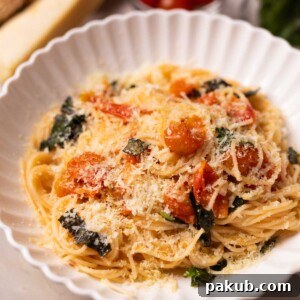 Vibrant tomato basil pasta generously garnished with fresh cheese, served in a pristine white pasta plate