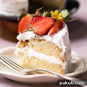 A slice of elegant eggless vanilla cake, beautifully layered with whipped cream and topped with fresh, ripe strawberries