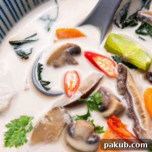 a close up image of vegetarian tom kha soup in a bowl
