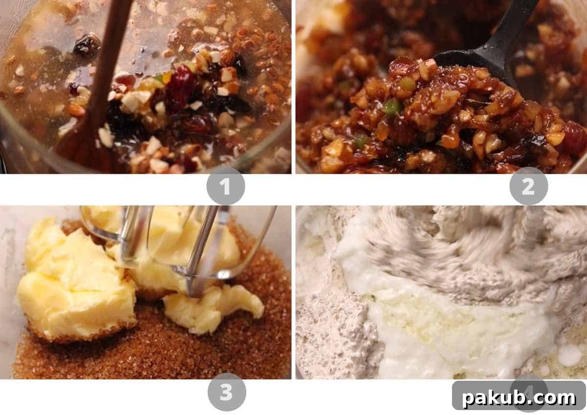 A visual guide showing steps 1 to 4 of preparing the eggless plum cake, from soaking fruits to mixing wet ingredients.