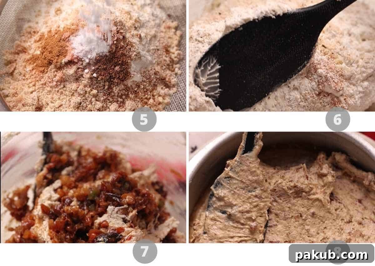 A visual guide showing steps 5 to 8 of making eggless plum cake, from combining dry ingredients to transferring batter.