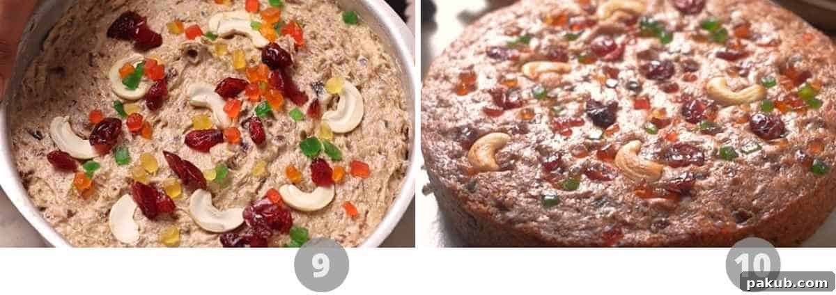 A visual guide showing steps 9 and 10 of making eggless plum cake, including baking and cooling.