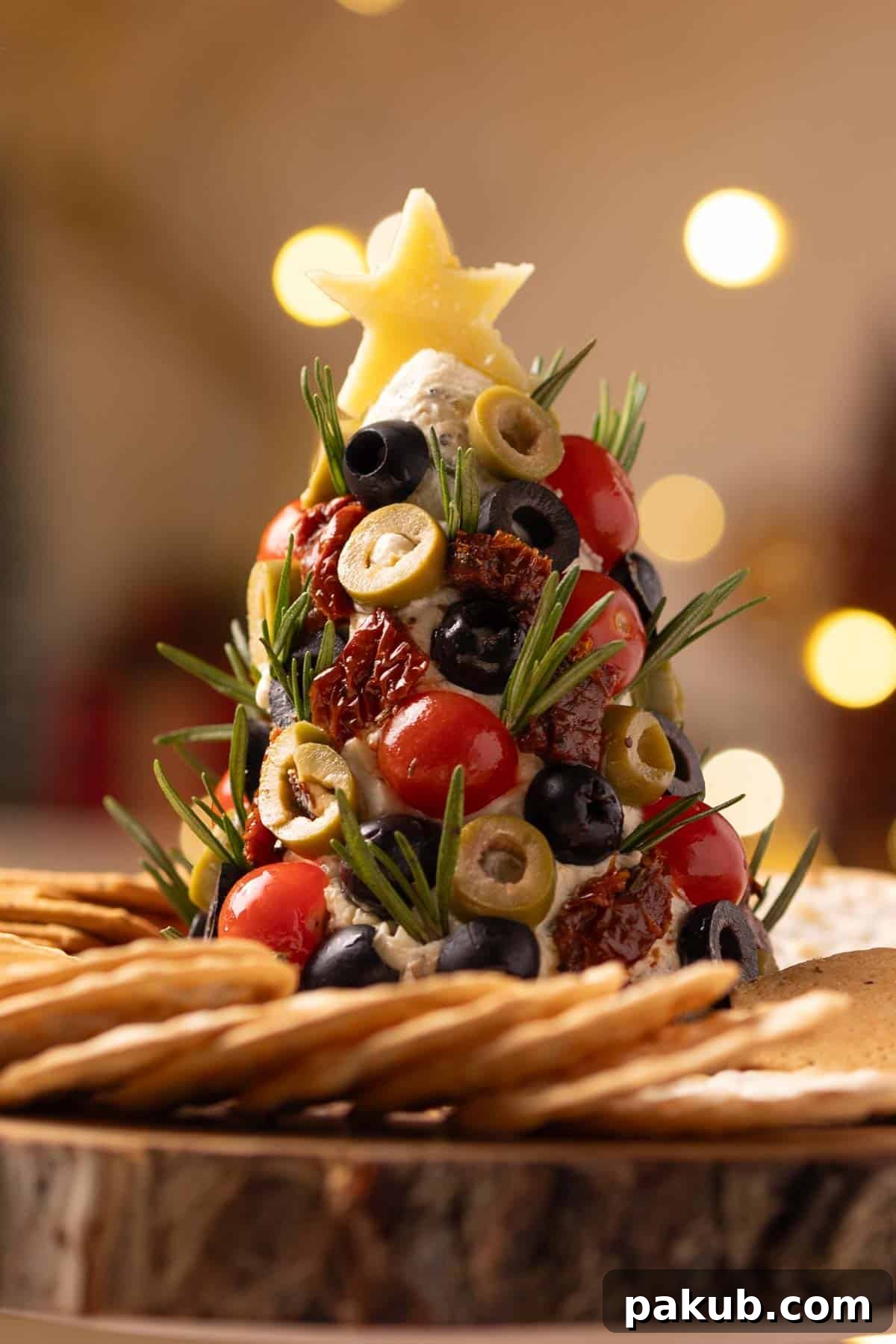 Festive Cream Cheese Tree 2 A beautifully decorated Cheese Ball Christmas Tree surrounded by crackers, ready for a festive gathering.