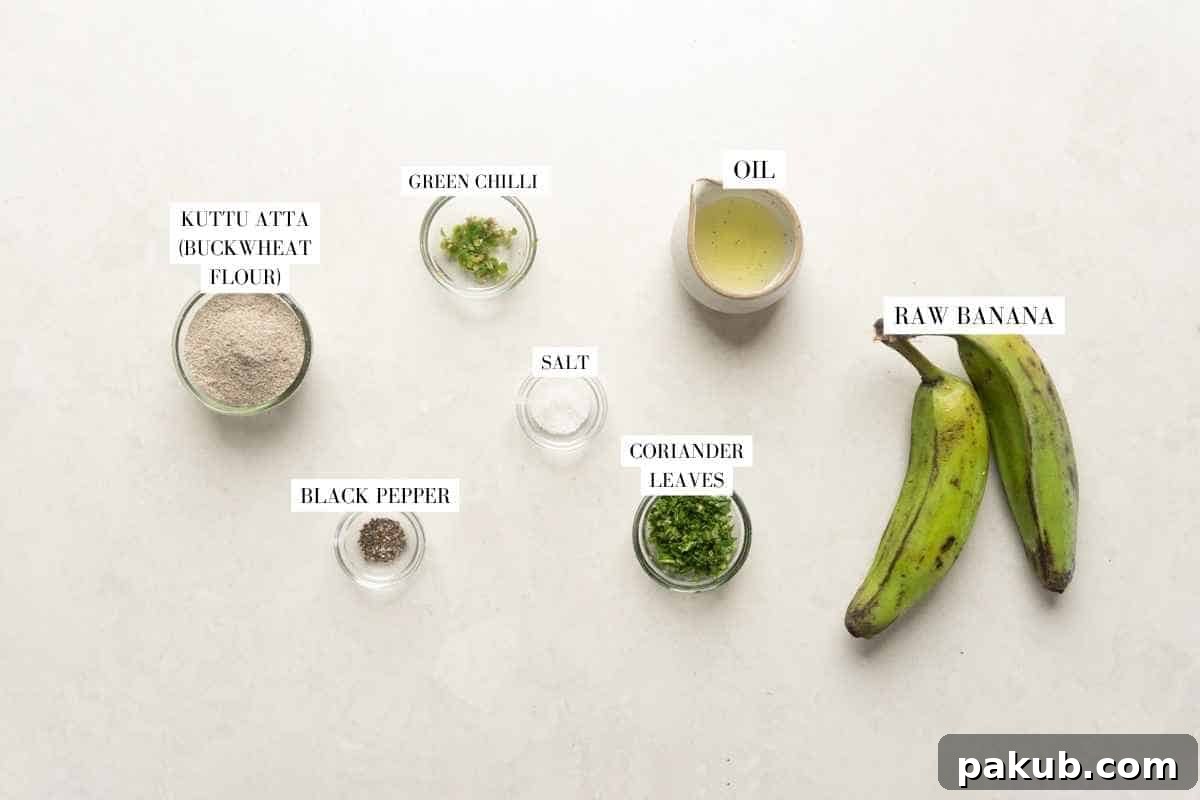 Picture of all the ingredients for raw banana tikki laid out, with labels to identify them clearly.