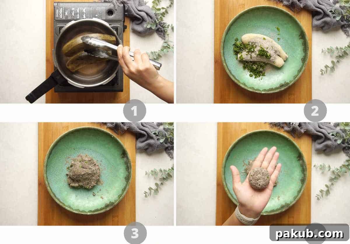 Step-by-step image collage illustrating the process of preparing raw banana tikki mixture.