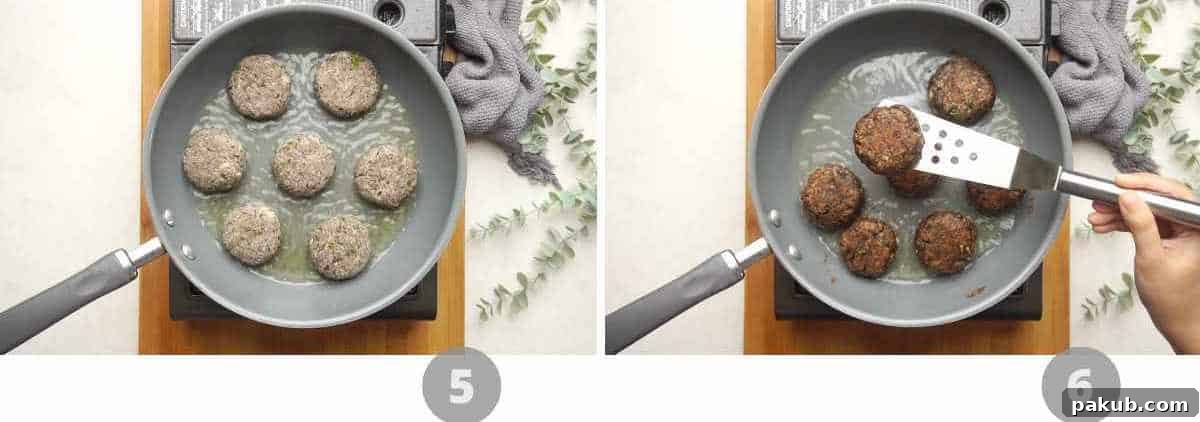 Image collage showing raw banana tikki being fried in a skillet until golden brown.