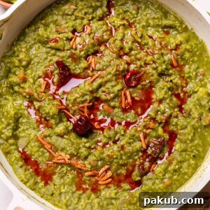 Close up image of Palak Khichdi, showing its texture and vibrant green color.