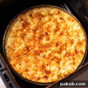 Freshly baked air fryer mac and cheese still in the air fryer, with a golden-brown, crinkly topping.