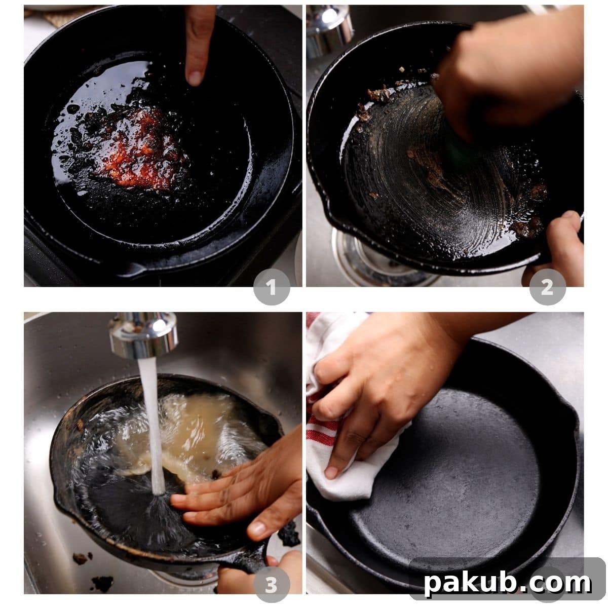 Picture collage showing 4 steps to clean and wash a cast iron pan properly