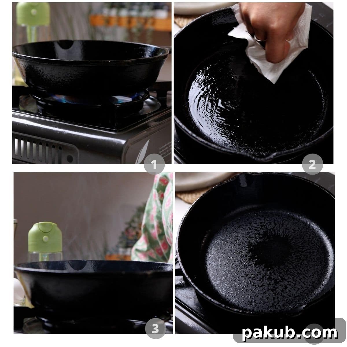 Picture collage showing step by step how to season a cast iron pan after cleaning