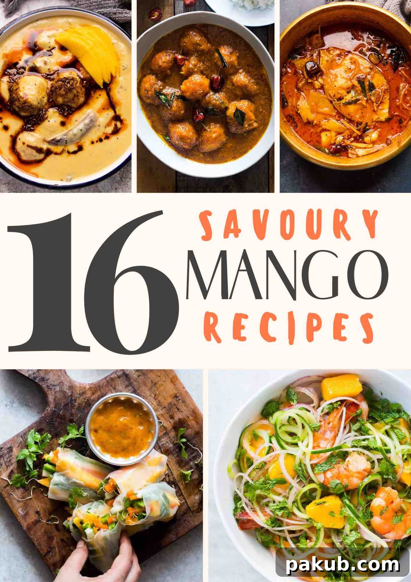 A vibrant picture collage showcasing an array of five amazing savory mango recipes, each looking incredibly appetizing, with a text overlay introducing the collection.