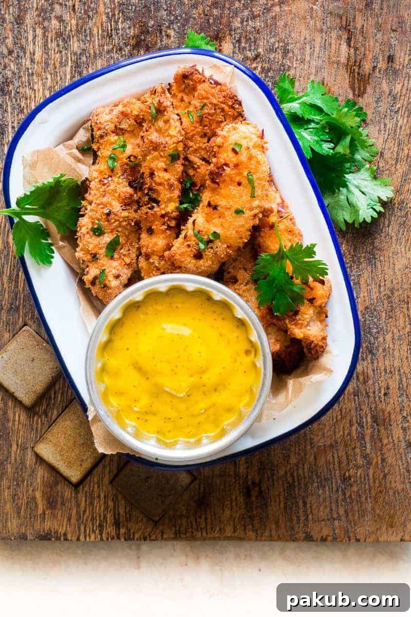 A collection of 13 insanely delicious savoury mango recipes that are sure to blow your mind if you've always had mangoes in sweet dishes. These recipes combine the juicy sweetness of mangoes with savoury ingredients to create a dish that's truly stellar and unforgettable! #spring #mango #recipes #easter #summer #fruit Golden-brown coconut crusted chicken tenders elegantly arranged on a wooden board, served alongside a vibrant mango dipping sauce and garnished with fresh cilantro.
