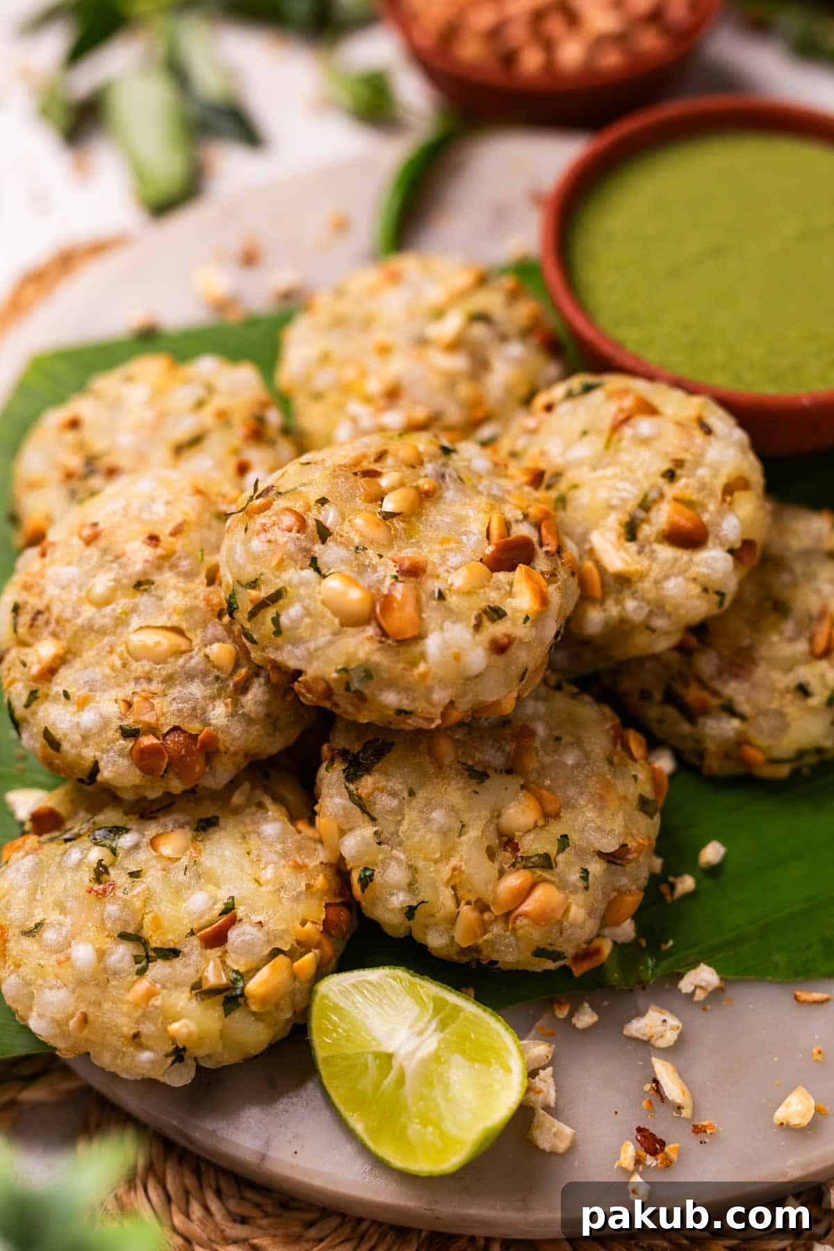 Crispy Air Fryer Sabudana Vada 2 An image of hot and crispy air fryer sabudana vadas placed on a leaf platter and served with green chutney