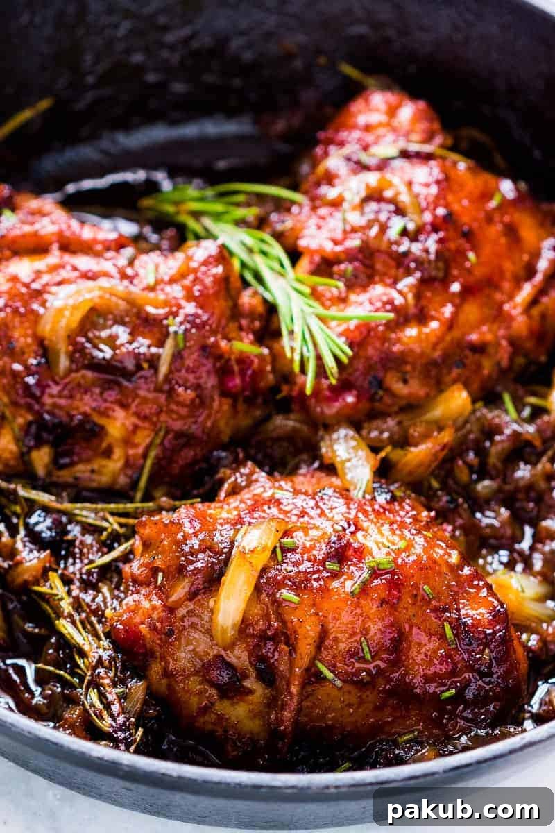 Another view of the sticky, glazed Caramelized Onion Rosemary Chicken Thighs with fresh herbs, showcasing their rich color and tantalizing texture.