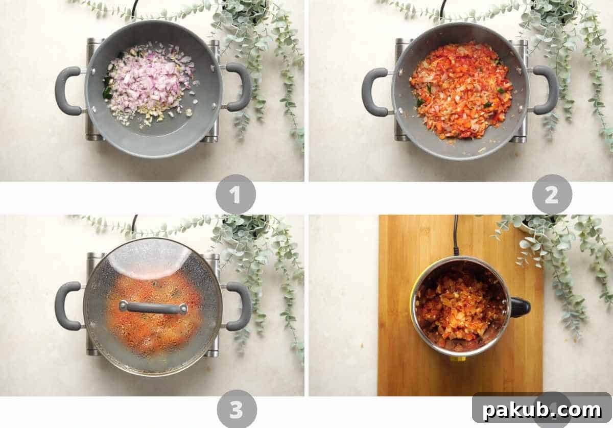 Velvety Matar Paneer Delight 4 A step-by-step photographic collage illustrating the process of preparing Matar Paneer curry from sautéing vegetables to simmering the final dish.