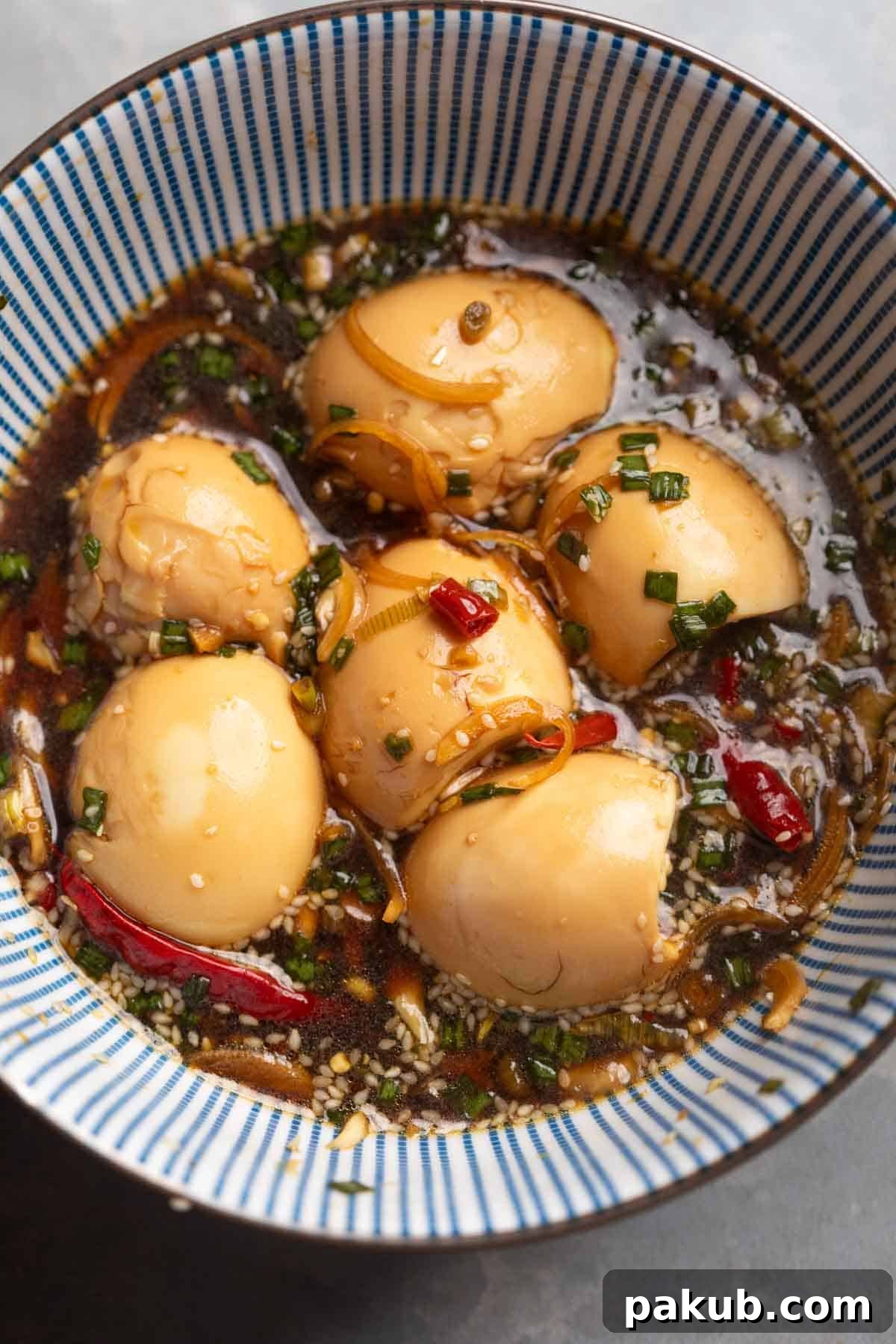 Mayak eggs in a bowl, showing their rich color and jammy yolks