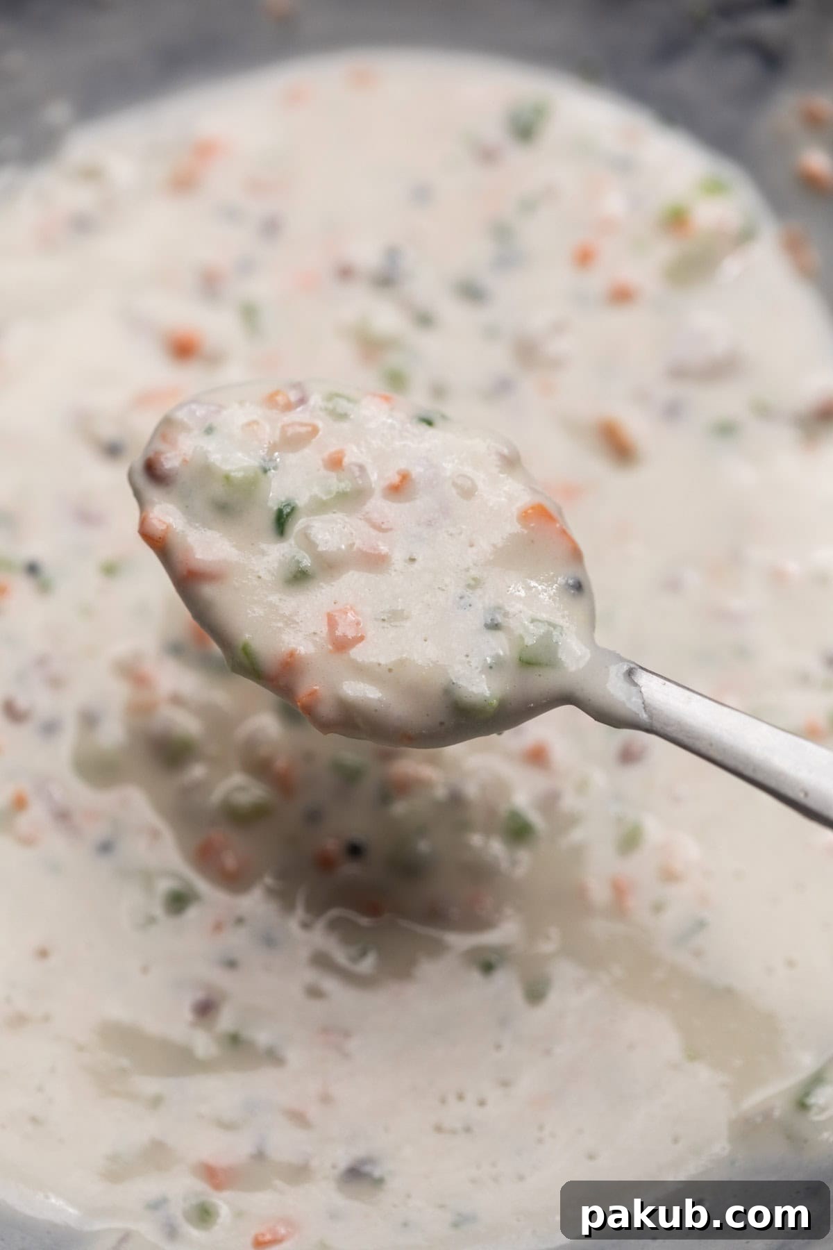 Flavorful Paniyaram Fritters Recipe 3 Paniyaram battar scooped up in a spoon to show it's texture and consistency