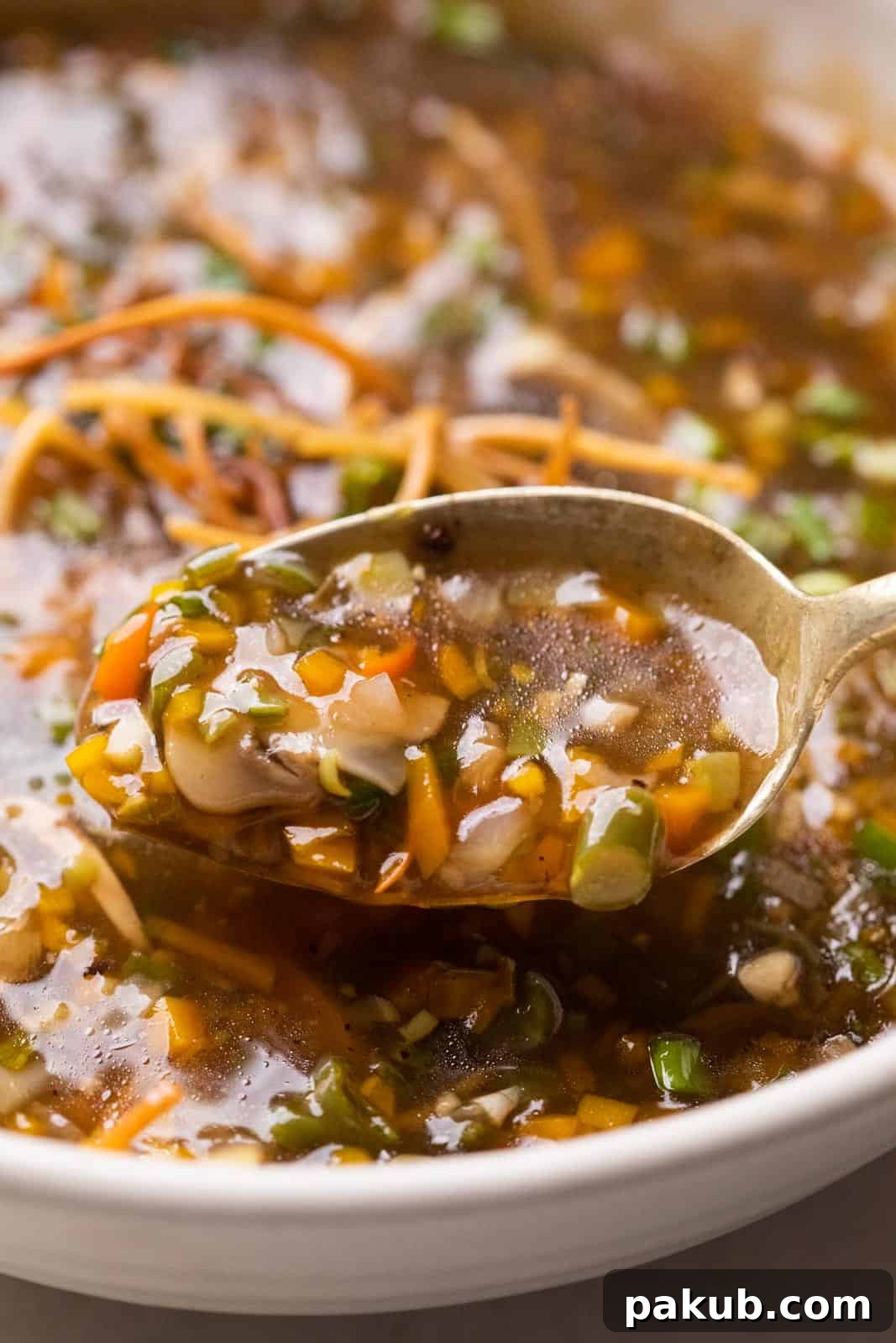 A close-up shot of hot Chicken Manchow soup, richly colored and garnished with abundant crispy fried noodles and vibrant green spring onions, served in a white bowl.
