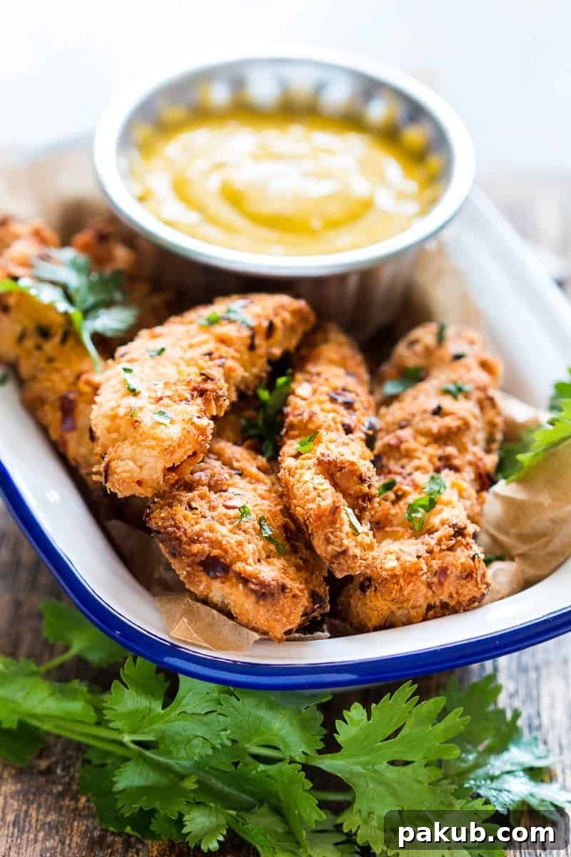 Baked Coconut Chicken Tenders with Mango Mustard Sauce Easy recipe for super crunchy baked coconut crusted chicken tenders which are going to be a favourite at every party with kids and adults alike! Gluten free too.