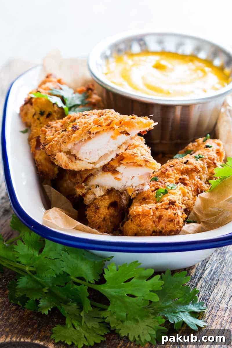 Baked Coconut Chicken Tenders with Mango Mustard Sauce Easy recipe for super crunchy baked coconut crusted chicken tenders which are going to be a favourite at every party with kids and adults alike! Gluten free too.