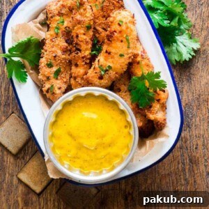 Baked Coconut Chicken Tenders garnished with coriander and served with Mango Mustard Sauce on a white plate.