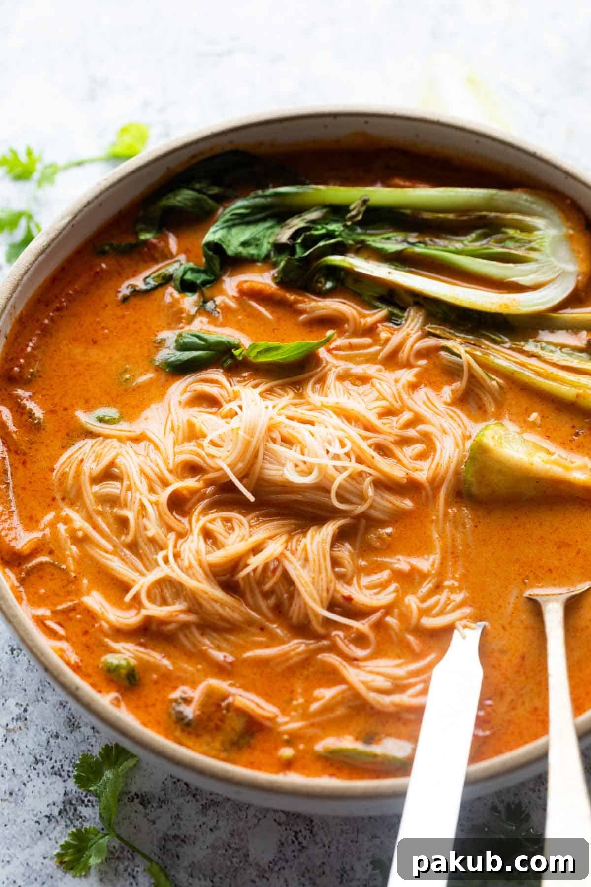 Thai Curry Noodle Soup 3 Beautifully plated Thai curry noodle soup served in a ceramic bowl, garnished and ready to be enjoyed.