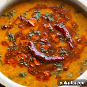 A close-up image of creamy Dal Tadka, showing its rich texture and the vibrant, sizzling tempering on top, garnished with fresh herbs.