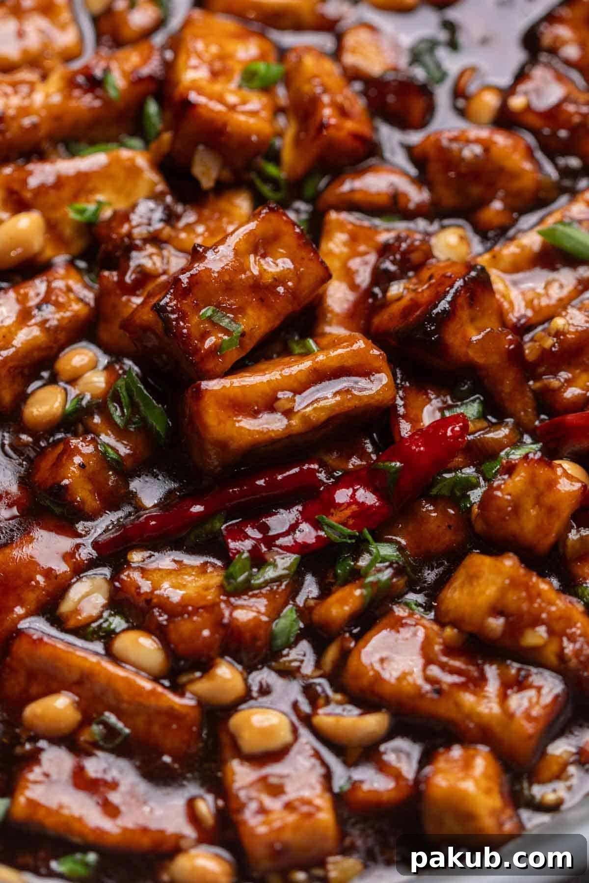 Crispy Air Fryer Kung Pao Tofu 4 A delectable close-up image of Kung Pao Tofu, highlighting its rich color, glossy sauce, and the enticing texture of the crispy tofu and peanuts.