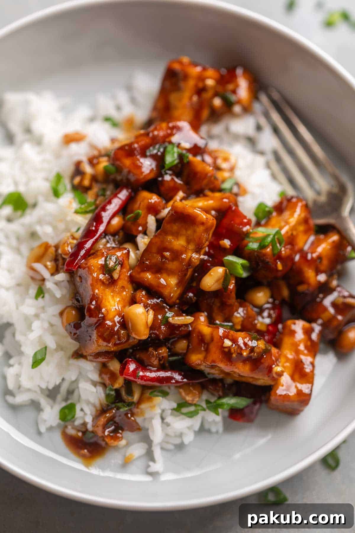 Crispy Air Fryer Kung Pao Tofu 5 A beautifully composed image of Kung Pao Tofu served over a bed of fluffy steamed rice, with a fork poised, inviting viewers to savor this delicious meal.