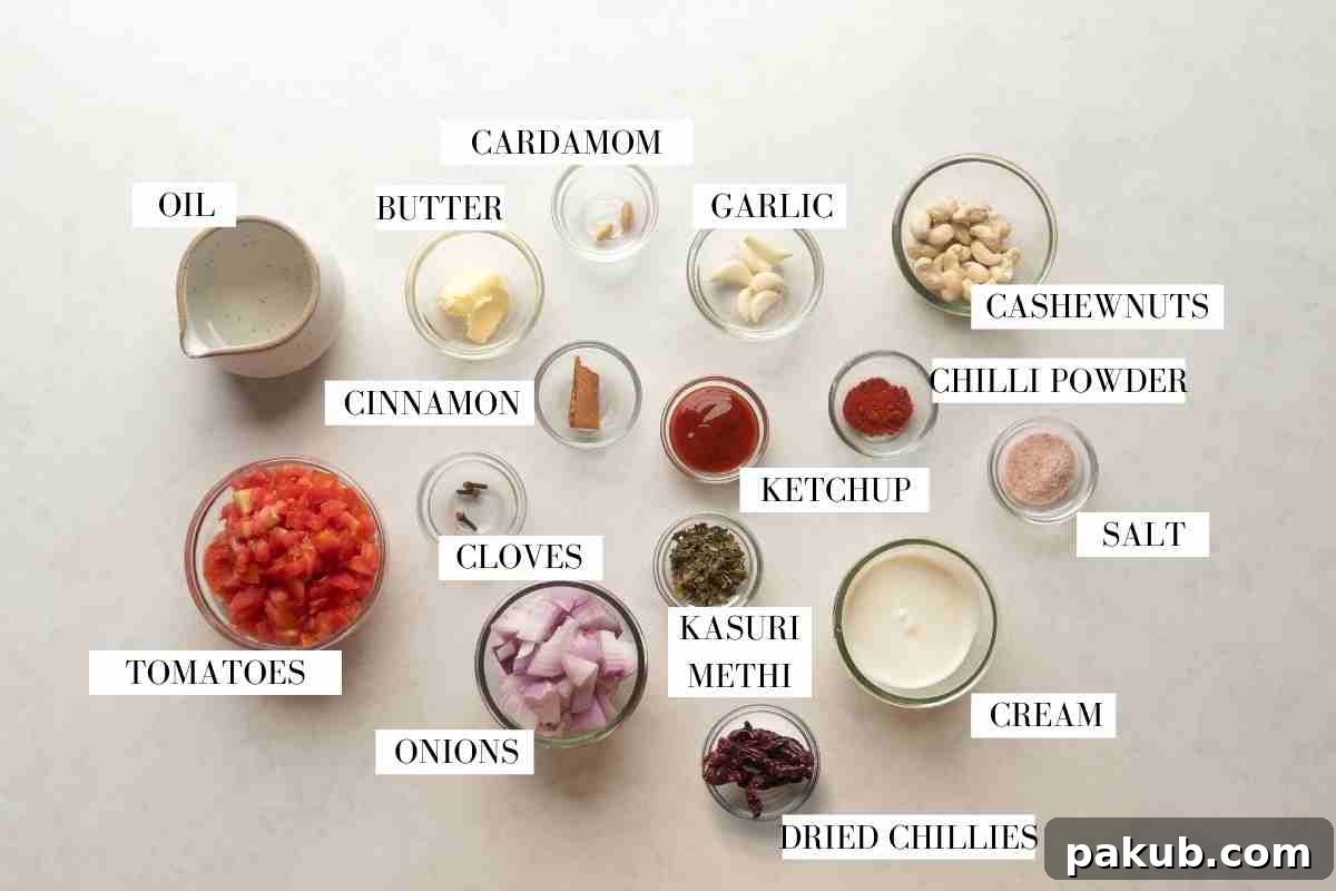 The Ultimate Creamy Butter Chicken 4 Picture of all the ingredients for butter chicken gravy with text to identify each ingredient