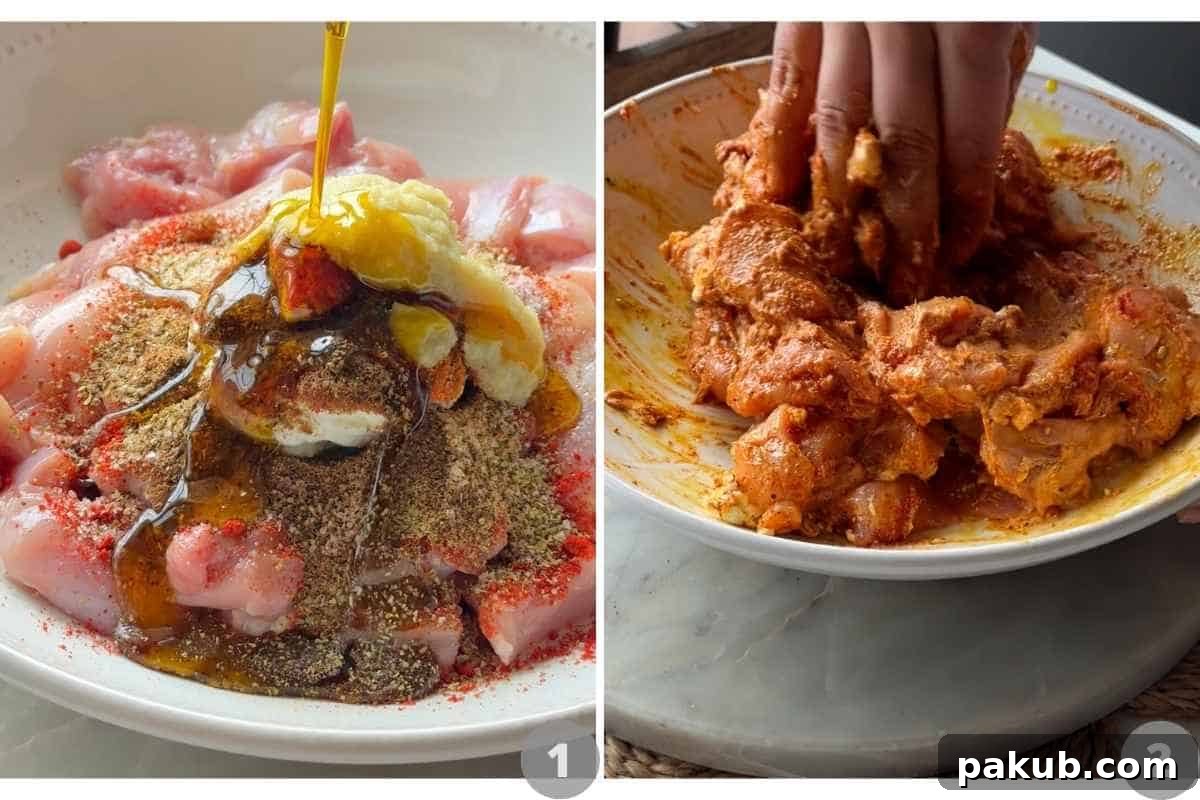 The Ultimate Creamy Butter Chicken 5 Marinated chicken pieces in a bowl