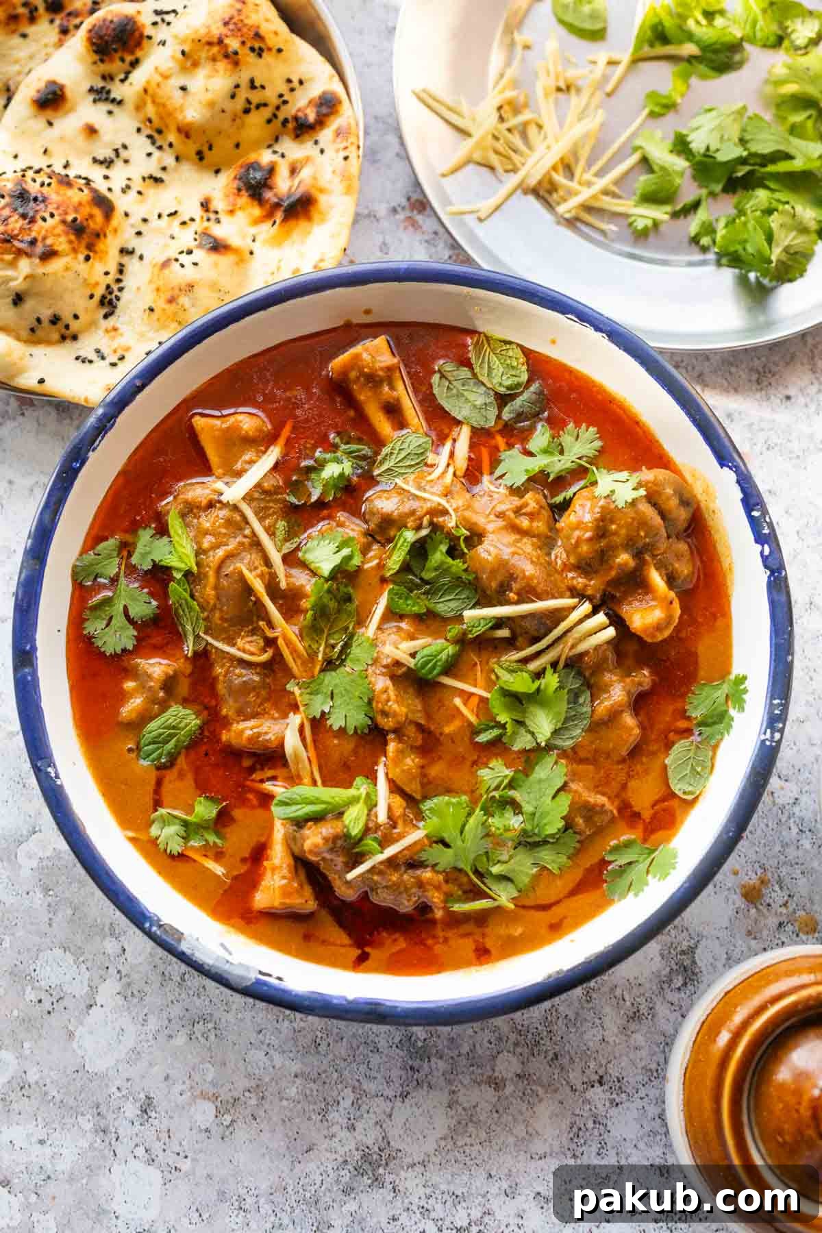 A steaming bowl of Mutton Nihari garnished with fresh coriander and julienned ginger, ready to be served.