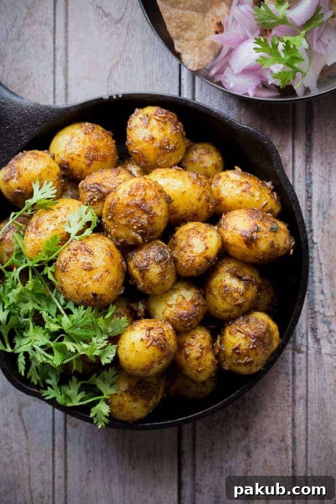 Mumbai's Zesty Potato Stir-Fry 3 An inviting overhead shot showcasing perfectly coated Bombay Potatoes adorned with fresh coriander, presented elegantly in a rustic cast iron pan, with freshly sliced onions and warm, golden rotis neatly arranged on a side plate.