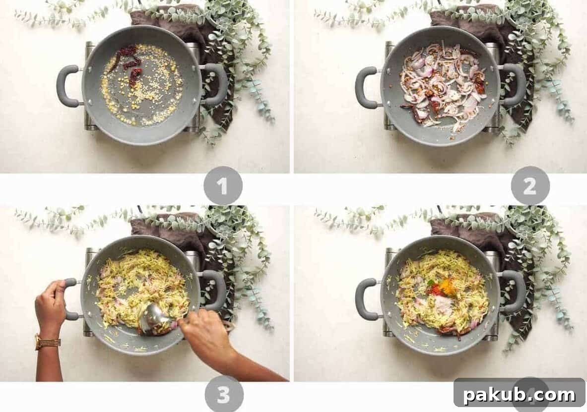 Zesty Green Mango Rice 2 Four step-by-step images depicting the cooking process of raw mango rice: (1) tempering with dals and spices, (2) sautéing onions and raw mango, (3) mixing the mango mixture with cooked rice, and (4) the final dish gently simmering.